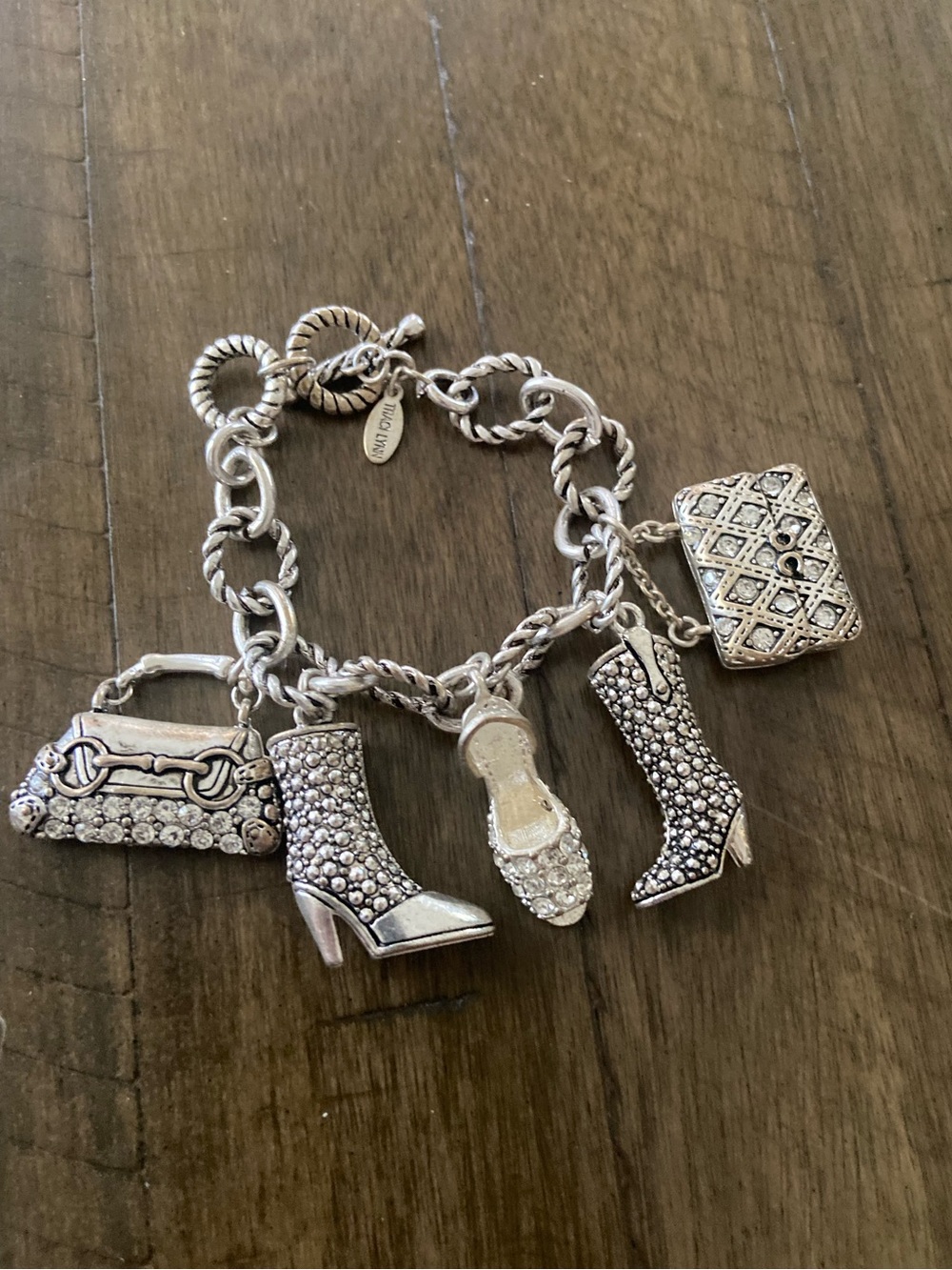 Tracy Lynn Silver Crystal Charm Bracelet with Shoe & Bag Charms Heavy Duty look